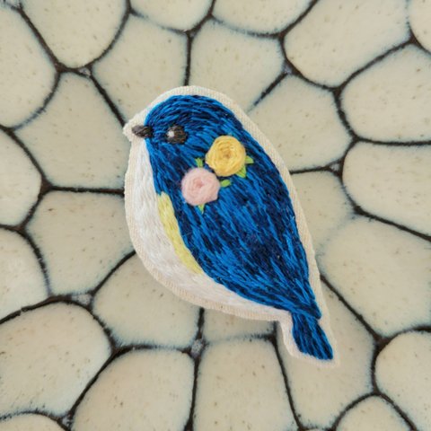 bluebird刺繍ブローチ(ディープブルー)【受注製作】