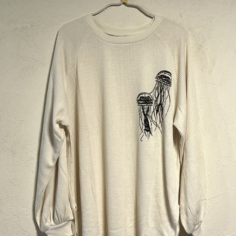 メンズ　クラゲ　デザイン　ワッフル長袖Tシャツ　男女兼用　綿100% オフホワイト