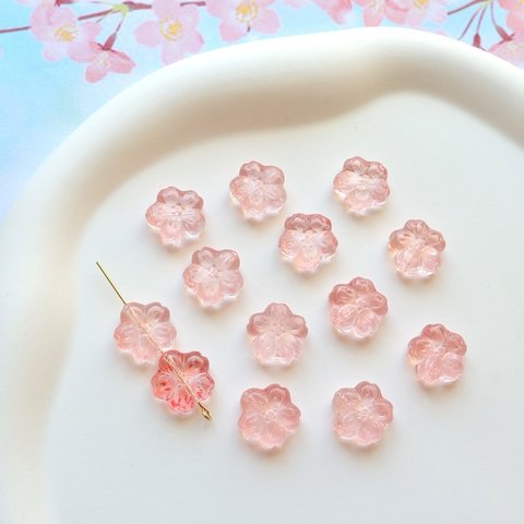 新作★14mm 桜　桃の花　お花のガラスビーズ  ピンク