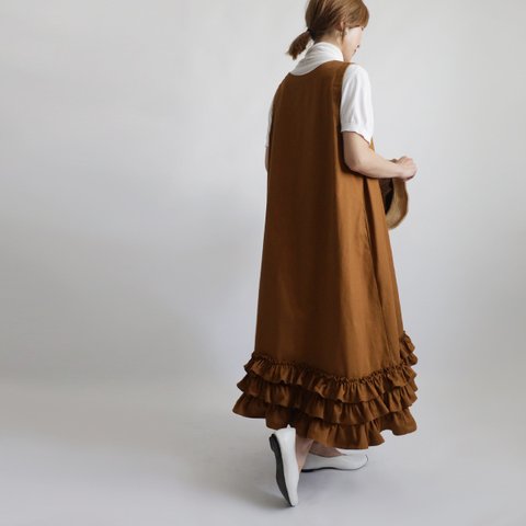 初夏ＳＡＬＥ　１１７ｃｍ　コットン チノ生地　フリル裾　ジャンパースカート　ワンピース　ゆったり　A21 