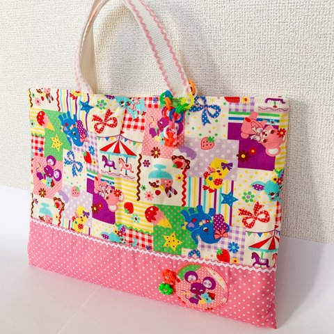 ◆お買得品◆【入園入学】動物さんのかわいいレッスンバッグ☆ピンク☆おけいこ☆アップリケ☆チャーム付き☆こだわり縫製☆丈夫☆世界にひとつ☆