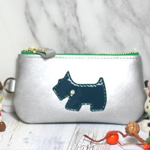 ★SALE★20%Off・キーポーチ・シルバー本革・犬・シュナウザー・テリア