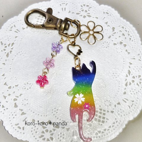 【 再販】飛びつき猫キーホルダー＊花花