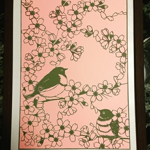 さくらにメジロ　切り絵　原画