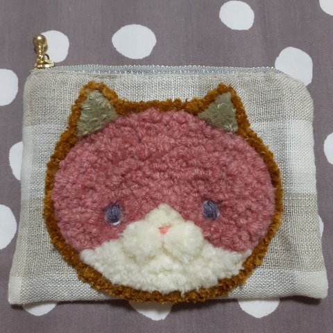 顔面猫　刺繍ハンドメイド　ミニポーチ