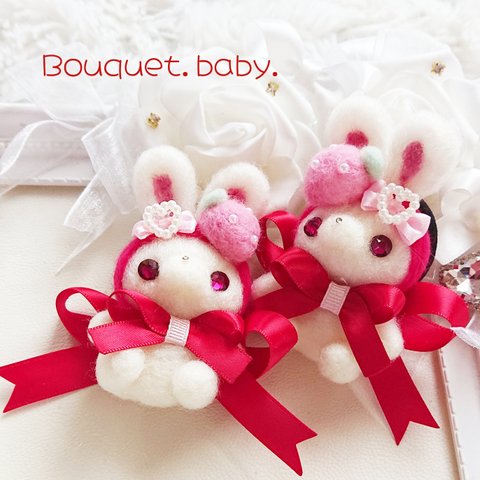 ツインいちごうさヘアゴム💝🐰リボン୨୧キッズ୨୧プレゼントにも💛  Bouquet&baby