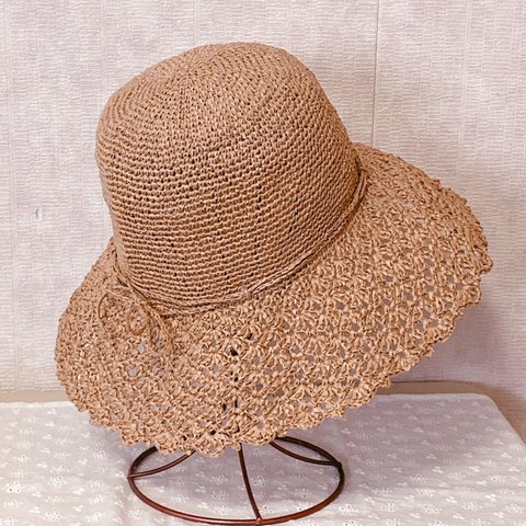 【受注制作】2022年新作　笹和紙フラットで編んだ松編み帽子（ライトブラウン）