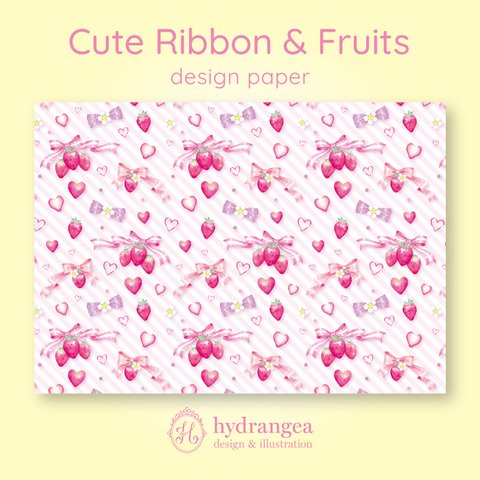 【Cute Ribbon & Fruits-strawberry-】★上質紙　A4サイズ デザインペーパー
