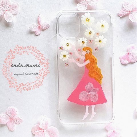 スマホケース　スマホカバー　押し花　ドライフラワー　iPhone　Android　全機種対応　絵の具　女の子　春　春爛漫　ピンク　春色