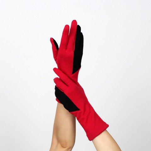 手袋　% PERCENT（レッド・ブラック）女性用　ウール １００% スマホ対応 スマホ　タッチパネル　縫製　手袋　伸縮　