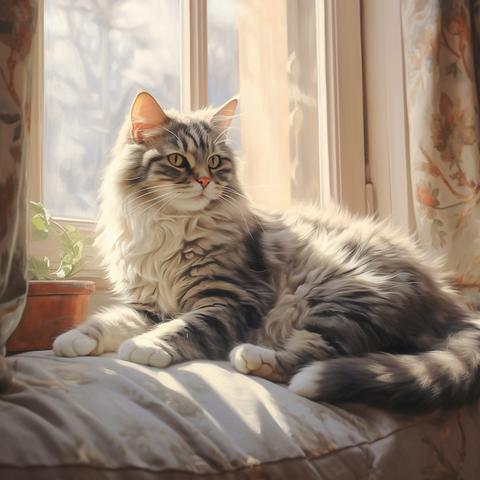 パステルカラーの柔らかなクッションの上でくつろぐかわいい猫