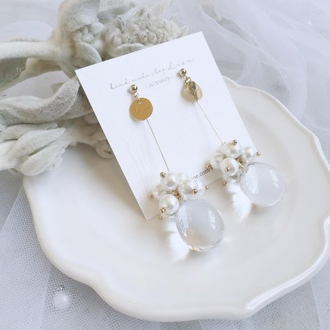 clear beads×cotton pearl ピアス/イヤリング 