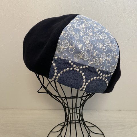 TOPI   ウールと刺繍生地のベレー（ネイビー）