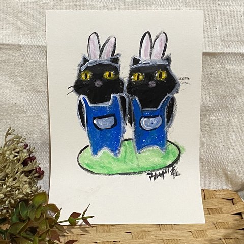 絵画。原画手描き【ウサギの髪飾りをつけて一緒に散歩している黒猫2匹】