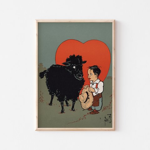 ヴィンテージポスター、「マザーグース」の挿絵ポスター、黒羊、シンプルなインテリアに彩を、子供部屋などに【M-0129】