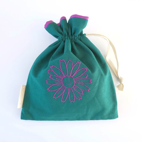 Flower 刺繍 巾着 ポーチ Green × Purple