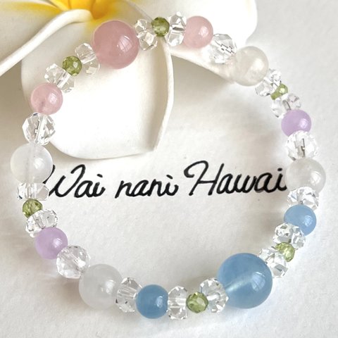 2way 『 Sweet aquamarine 花咲く 』ハワイアンパワーストーンブレスレット
