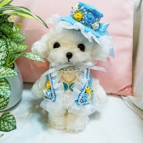 お値下げ、ぬいぐるみ、トイプードル、犬、ハンドメイド、モヘア、オリジナル、帽子、パーティー服