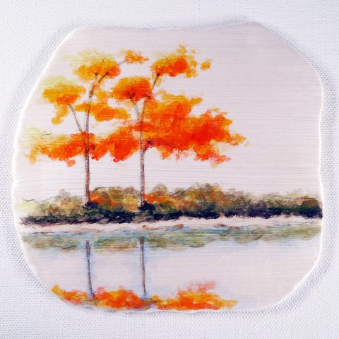 陶板画-湖畔に映る紅葉-下絵付けによる風景画