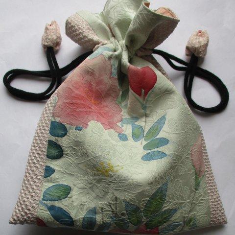 ６４５９　花柄の振袖の着物で作った巾着袋　＃送料無料