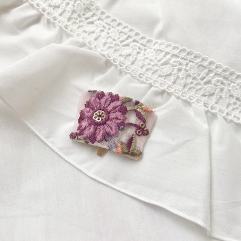 インド刺繍リボン ポニーフック パープル お花 バレッタ ヘアアクセサリー