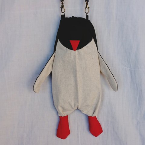 受注制作》ペンギン 巾着袋 水筒入れ 黒×赤