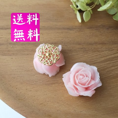 粘土の花パーツ　アクセサリーパーツ　樹脂粘土のピンクバラ　送料無料 