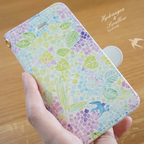 【受注生産】紫陽花とツバメの手帳型iphoneケース