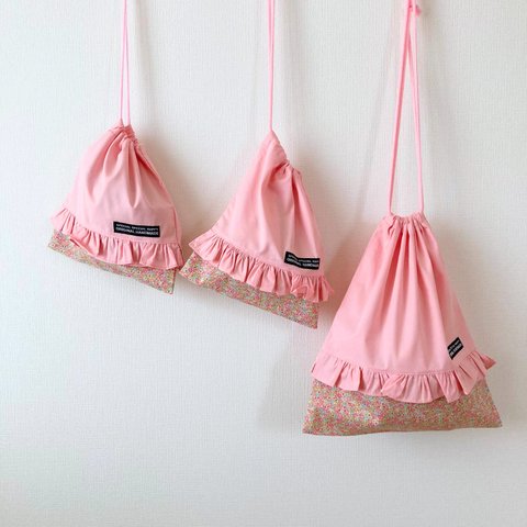 女の子のための可愛い花柄＊フリル巾着（3サイズあります）ピンク