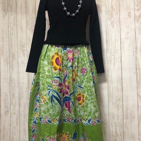 BaliバティックbatikギャザースカートGREENフリーサイズYBT23112