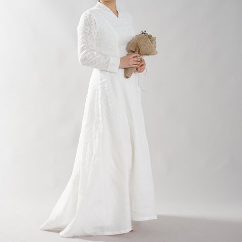 【wafu】リネン100% ウエディングドレス リネンドレス  結婚式 ブライダル 長袖 / ホワイト a092a-wht2