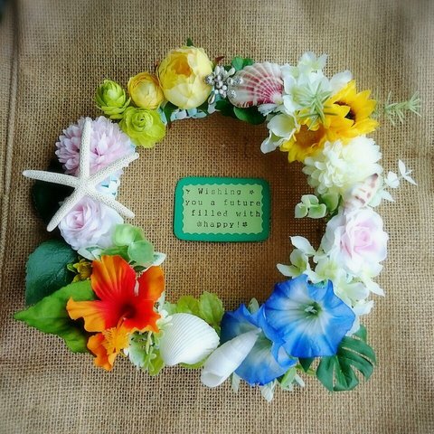 summer  ﾊｲﾋﾞｽｶｽ・紫陽花・貝殻が入ったﾘｰｽ