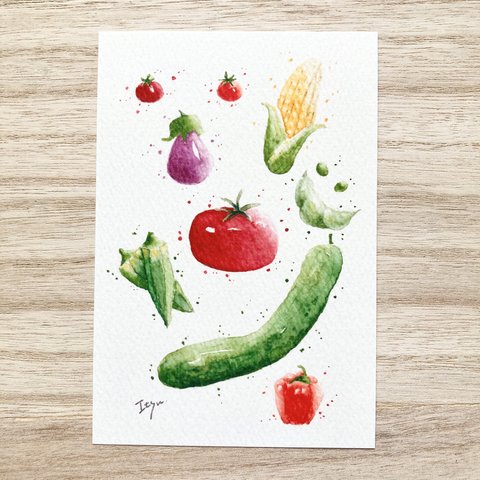 🍅透明水彩画「フレッシュ野菜」イラストポストカード2枚セット　野菜  メッセージカード　ベジタブル　トマト🍆