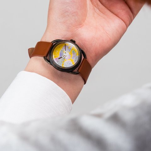 「金糸雀色に蝶」金彩作家デザイン／和柄／ベルトカラー8色／名入れ可　母の日　手作り腕時計