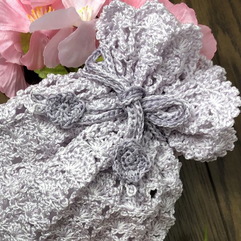 クロッシェレース　ポーチ（薄紫　Ｍ)月華　　　　　　Crochet lace  Pouch (Light purple  Ｍ) moon flowers