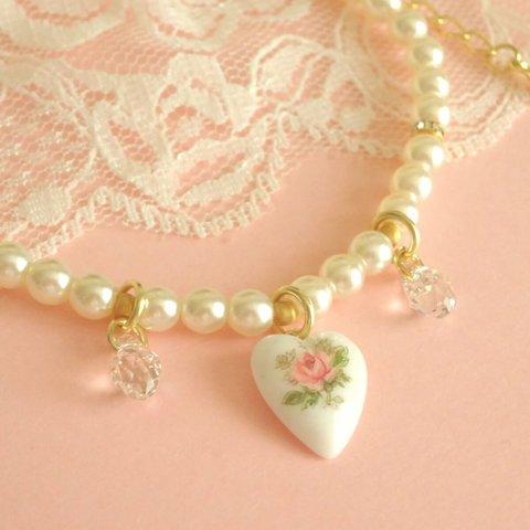 ♡Vintage Rose Cabochon Bracelet♡(heart)Pink