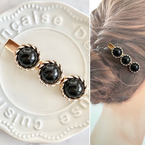 アンティークパール ブラック 黒色 髪留め ヘアクリップ  ハンドメイド