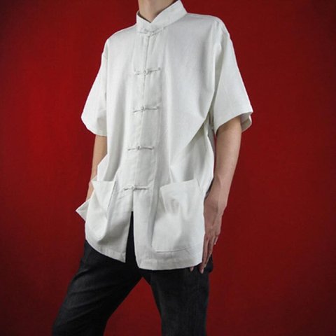 テーラード職人仕上げ 手作りチャイナ カラー付きコットン生地太極拳用 白 シャツ#124