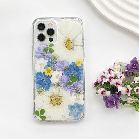 新作★白のコスモスと紫陽花 押し花ケースiPhone15Pro/SE/Xperia10V/GALAXYS24/AQUOS iPhoneケース スマホケース 