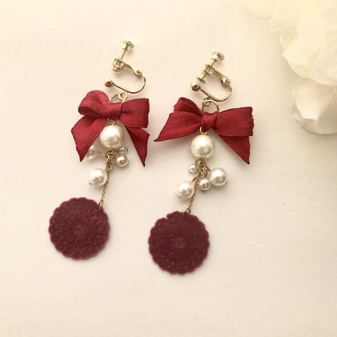 リボンとパールの♡フロッキースカシイヤリング（ピアス）★RED★