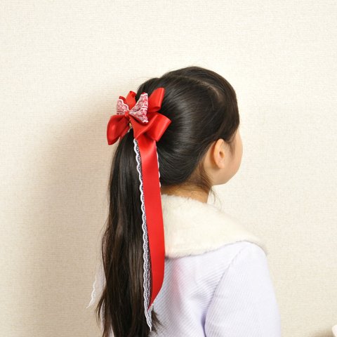 艶々サテンのテールリボンロング（赤）のヘアクリップ