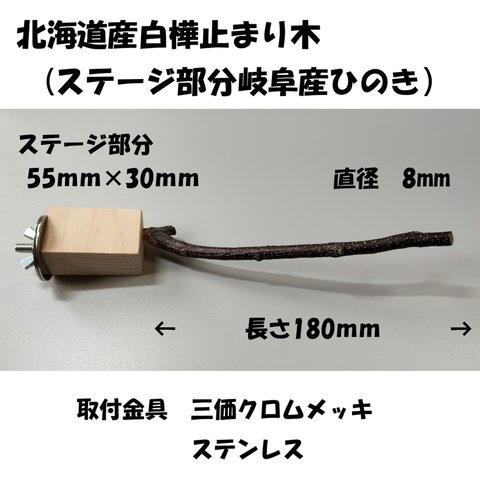 白樺止まり木　１８　ステージ55×30ｍｍ　直径8ｍｍ　長さ180ｍｍ）