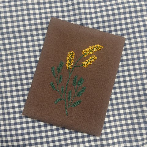 黄色いミモザの刺繍ティッシュケース💛(ブラウン)