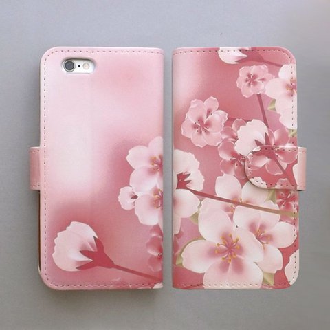 全機種対応 手帳型スマホケース カバー 桜 花柄 ピンク 075