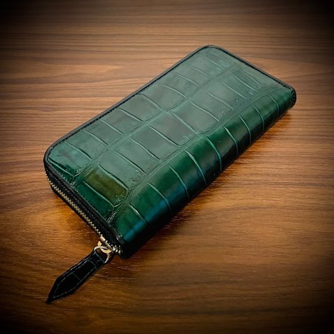 クロコダイル × パイソン 財布 長財布 シャイニング加工 一枚革 カード１５枚収納 グリーン 緑 プレゼント ラッピング
