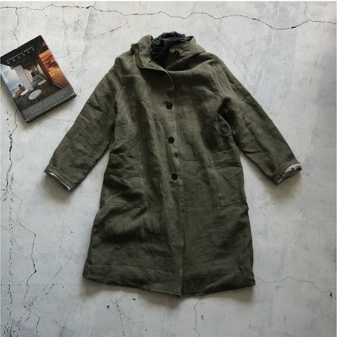 1着　ベルギーリネンフーテッドコート olive