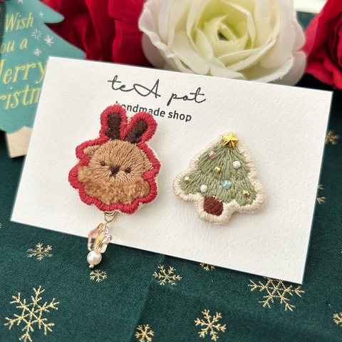 クリスマス　刺繍　ピンバッチセット　D