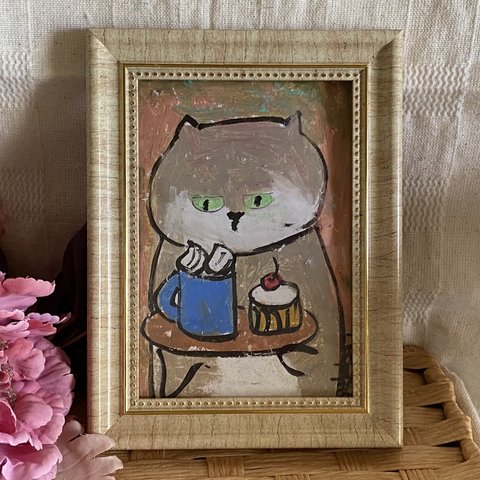 絵画。原画手描【美味しいデザート屋のかわいい猫のウェイター】