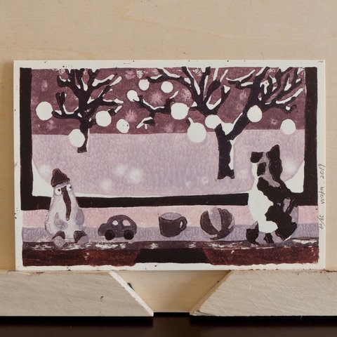 【エディションNo.62】セピア冬版画「窓の彩り」オフホワイト紙