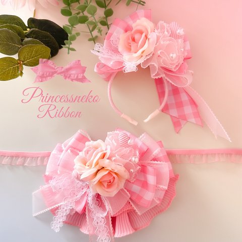 ペット　チョーカー&カチューシャセット💖 💖Candy pink②🎀母の日🎀薔薇🌹カーネーション💐